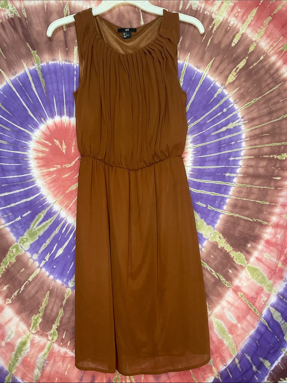 H&M Rust Brown Sleeveless Lined Pleated Midi Dress Sz 4